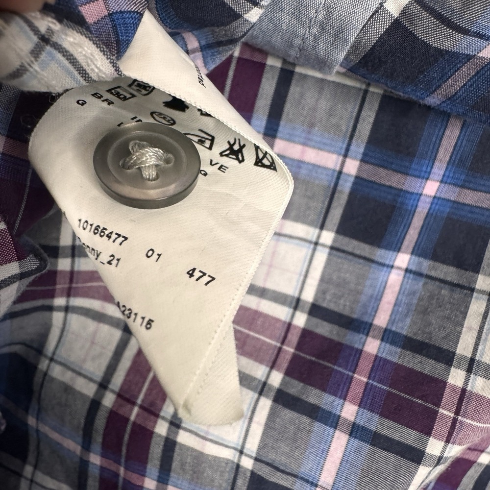 Hugo Boss Mens Slim fit Long Sleeve Button-Up Shirt Large Cream Purple Plaid EUC - Picture 7 of 8